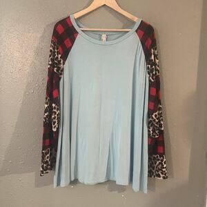 Now N Forever Women's Long Sleeve Scoop Neck T Shirt Blue with Red Buffalo Plaid